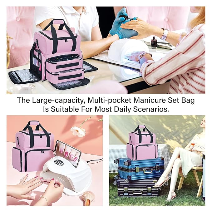Nail Polish Organizer Holds 80 Bottles & Nail Art Lamp, Portable Large Capacity Storage with 2 Removable Storage Bags Store Nail Art Tools, Suitable for Manicurists and Manicure Enthusiasts(Pink)