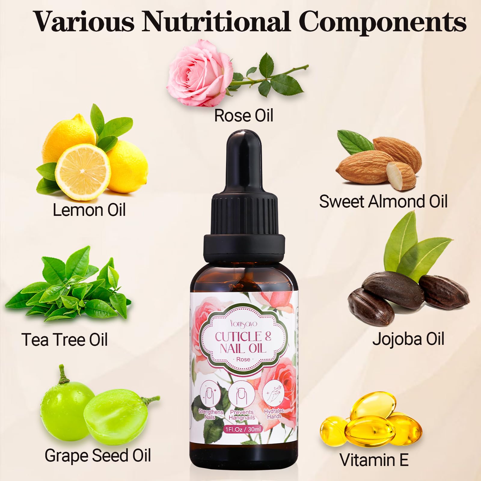 yonisayo 3 in 1 Cuticle Oil, 3 Pack Rose Nails Care Oil to Strengthen Brittle Nails, Hydrate Dry Cuticles & Soften Hands, Fast-Absorbing