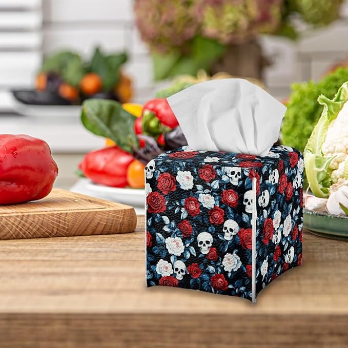 Red Rose Skull Modern Tissue Box Holder, Waterproof Square PU Leather Napkin Case with Metal Button Closure, Decorative Tissue Cover Organizer for Vanity, Desk, Car, and Living Room