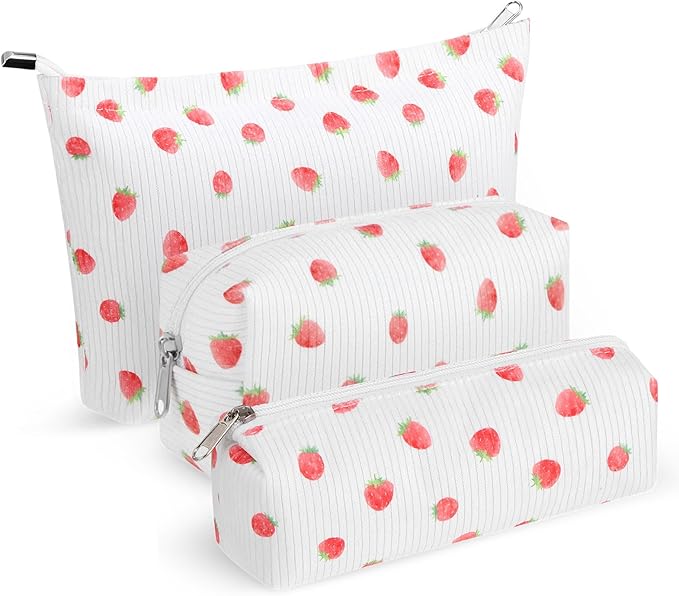 Huhumy 3 Pcs Makeup Bag Set for Women Corduroy Cosmetic Pouch Aesthetic Smile Travel Toiletry Bag Cute Purse Pouch Pencil Case Makeup Brushes Storage Organizer with Zipper(White,Strawberry)