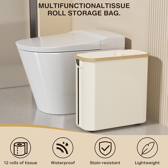 Toilet Paper Storage Basket with Lid and Handle, Foldable Toilet Paper Basket Organizer for Bathroom, Large Capacity Toilet Paper Holder with Storage for 12 Mega or 16 Regular Rolls, Beige