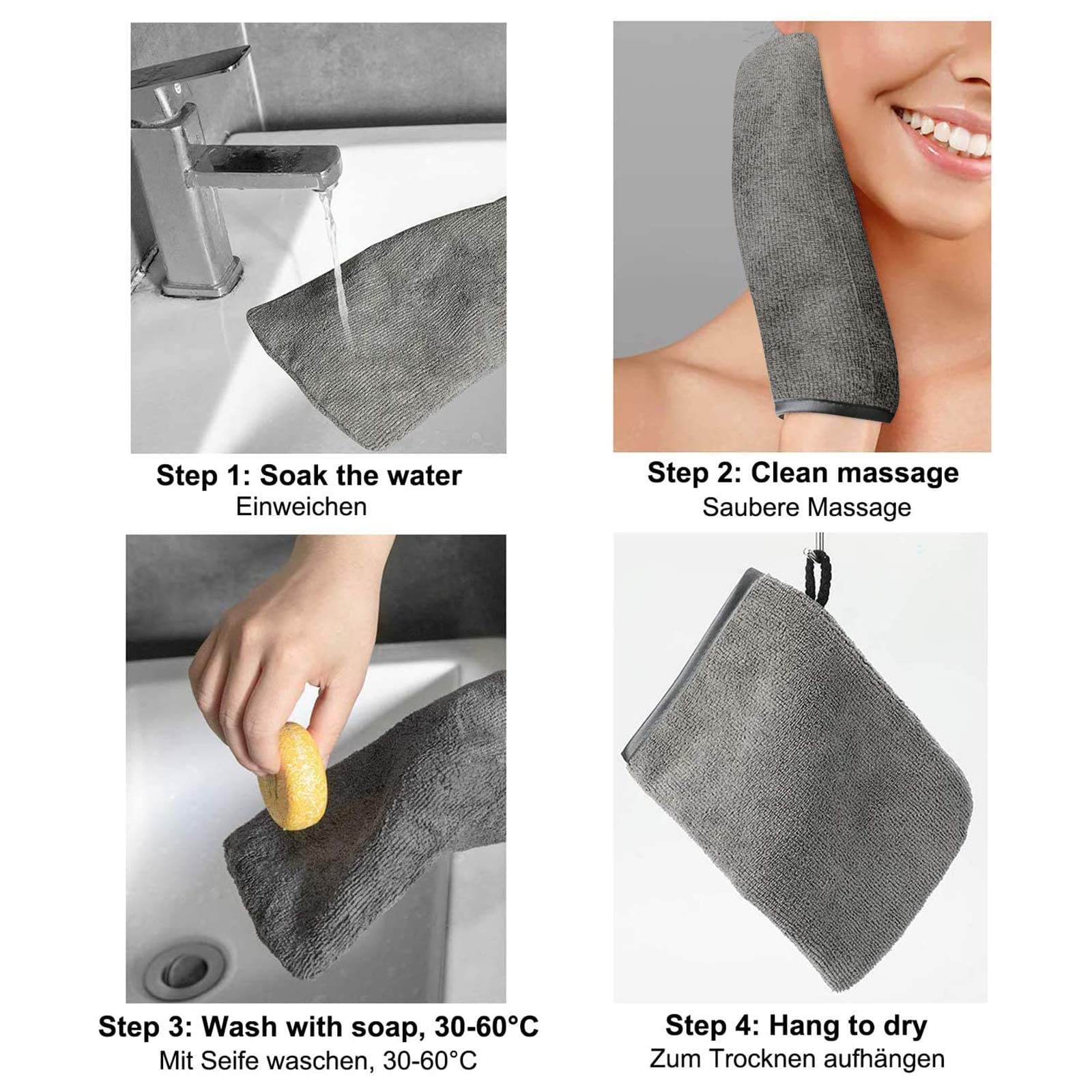 PHOGARY 10 Pack Microfiber Wash Mitts, Soft Face Mittens, Reusable Makeup Remover, 6×8in, Grey