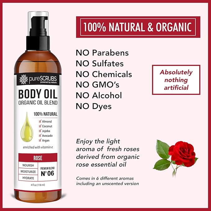 pureSCRUBS Ultra Moisturizing Rose Body Oil for Dry Skin, 4 oz