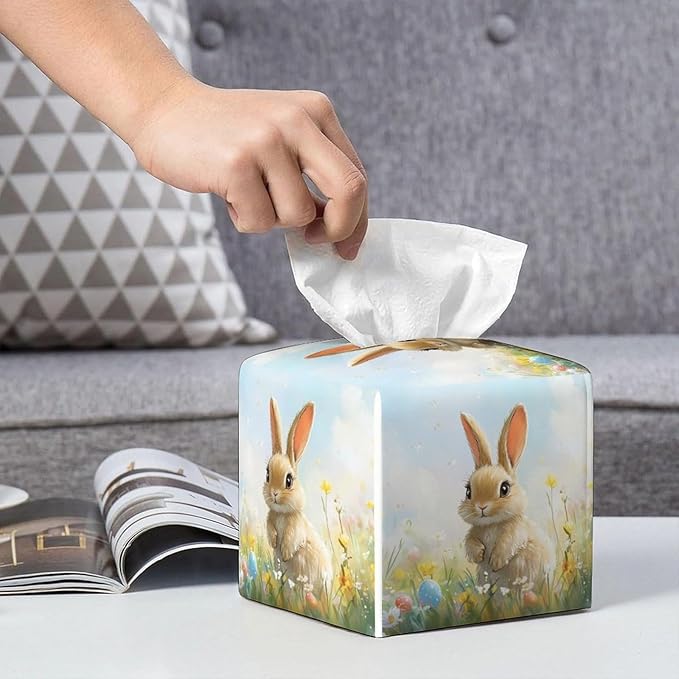Buuny Tissue Box Cover Easter Leather Tissue Box Holder Square Facial Paper Organizer Dispenser for Bathroom Kitchen Bedroom Vanity Countertop Night Stands