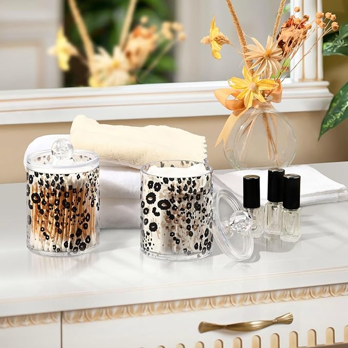 2 Pack Qtip Holder Dispenser for Cotton Ball Brown Floral Leopard Print Cotton Swab Round Pads Clear Plastic Acrylic Jar Set Bathroom Canister