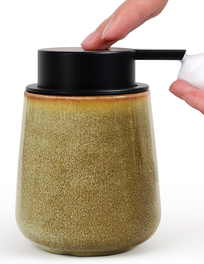 INGOFIN Ceramic Foaming Soap Dispenser - 12 oz Refillable Foam Hand Soap Dispenser Bathroom, Modern Dish Dispenser Pump for Kitchen,Kiln-Glazed Earthy Yellow-Brown