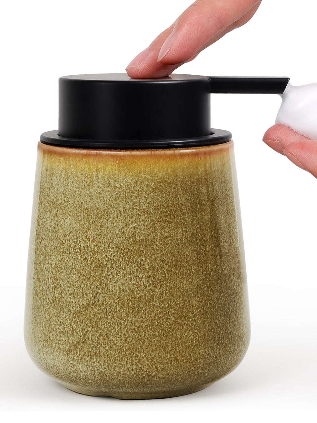 INGOFIN Ceramic Foaming Soap Dispenser - 12 oz Refillable Foam Hand Soap Dispenser Bathroom, Modern Dish Dispenser Pump for Kitchen,Kiln-Glazed Earthy Yellow-Brown