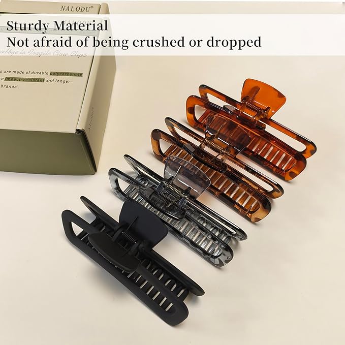 Nalodu 5 Inch Large Hair Claw Clips, No Slip Matte & Glossy Unbreakable Square XL Hair Clips for Thick Long Curly Hair, Women's Big Rectangle Strong Clips, 4 Pack