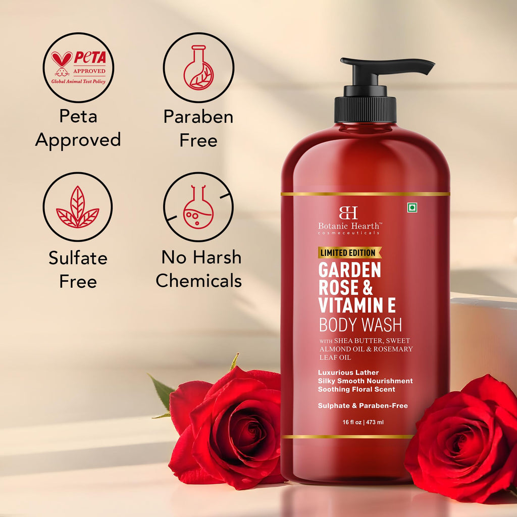 Botanic Hearth Garden Rose & Vitamin E Body Wash – Limited Edition Hydrating Shower Gel with Shea Butter & Sweet Almond Oil, Luxurious Lather, Sulfate & Paraben Free – 16 fl oz