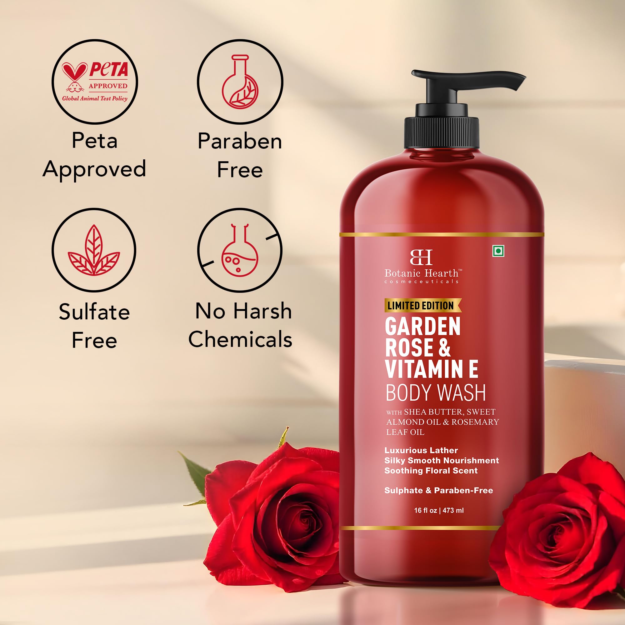 Botanic Hearth Garden Rose & Vitamin E Body Wash – Limited Edition Hydrating Shower Gel with Shea Butter & Sweet Almond Oil, Luxurious Lather, Sulfate & Paraben Free – 16 fl oz