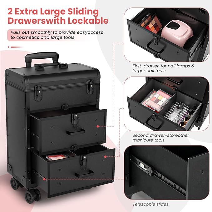 ALUROICE Large Rolling Makeup Train Case, Professional Travel Cosmetology Case on Wheels with Drawers, 3 Tiers Nail Organizers Storage Case for Nail Tech, Tattoo, Hairstylist, Makeup, Large