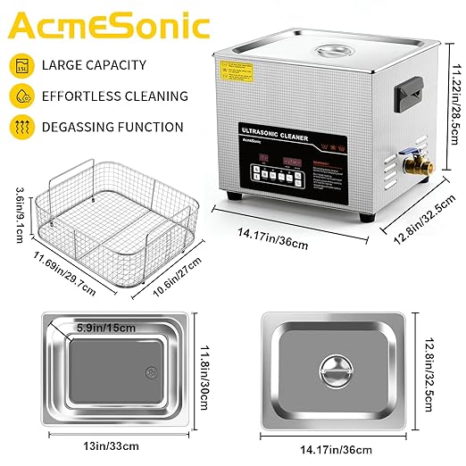 ACMESONIC Ultrasonic Cleaner 15L Dual-Frequency Professional Digital Stainless Steel Cleaning Machine with Heater Timer for Denture, Coins, Small Metal Parts, Circuit Board, Lab Tools, etc