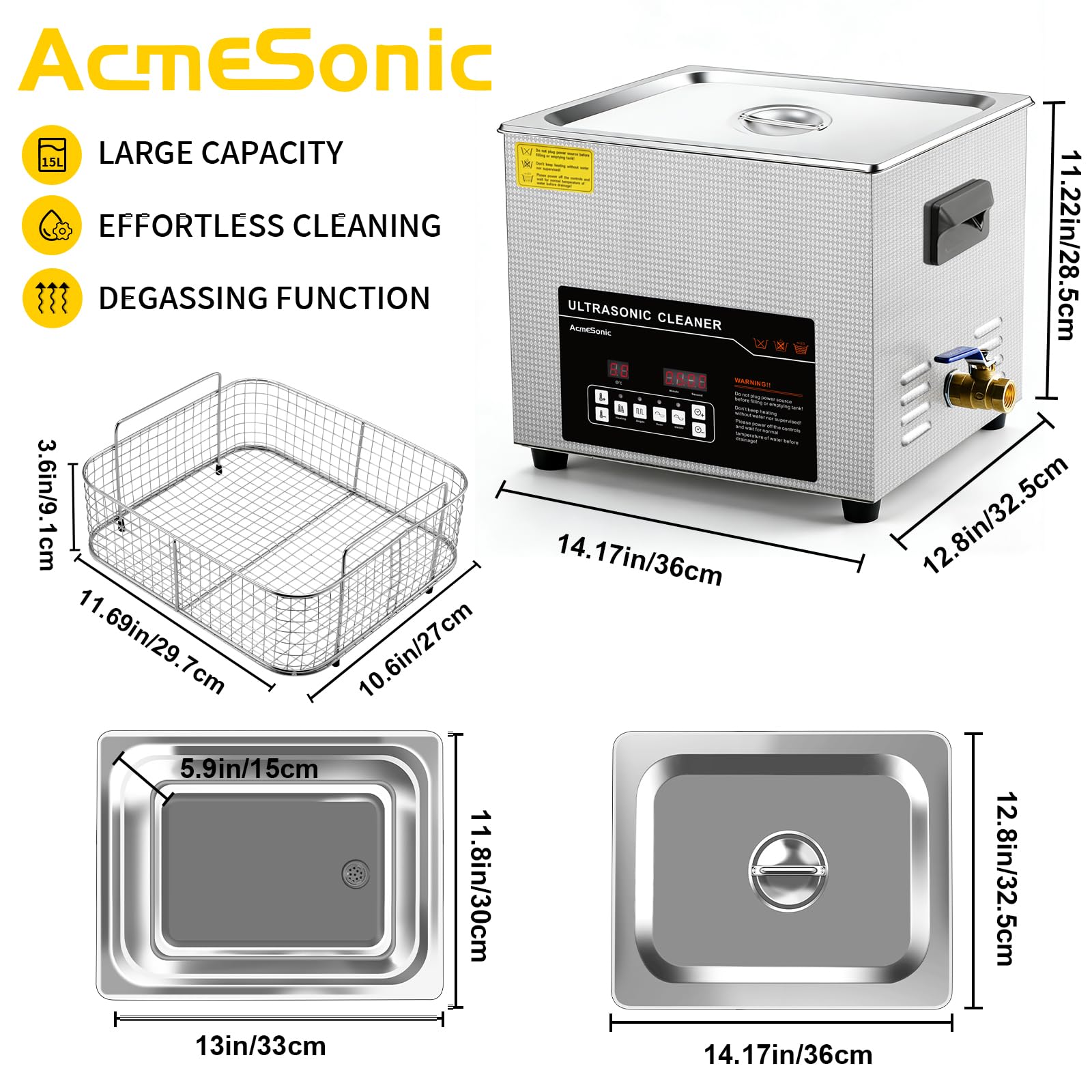 ACMESONIC Ultrasonic Cleaner 15L Dual-Frequency Professional Digital Stainless Steel Cleaning Machine with Heater Timer for Denture, Coins, Small Metal Parts, Circuit Board, Lab Tools, etc