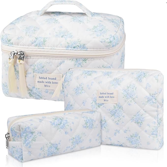 Gosect Makeup Bag Set, Quilted Makeup Bag, Large Floral Cosmetic Bag for Women, Cute Cotton Makeup Bags, Flower Travel Toiletry Organizer Bag (Blue Rose)