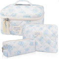 Gosect Makeup Bag Set, Quilted Makeup Bag, Large Floral Cosmetic Bag for Women, Cute Cotton Makeup Bags, Flower Travel Toiletry Organizer Bag (Blue Rose)
