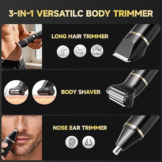 tiovara Beard Trimmer for Men, IPX7 Waterproof Body Hair Trimmer Electric Razor Shaver Body Grooming Kit Wet/Dry Use for Groin, Nose, Ear Hairs, Beard, Legs, Chest (Black)
