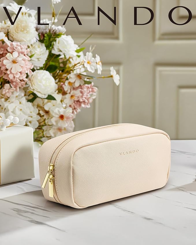 VLANDO Small Makeup Bag,Makeup Pouch,Travel Makeup Organizer Bag Valentines Gifts for Women Purse Travel Accessories Toiletry Bag Skincare Bag-White