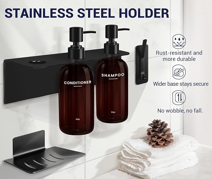 KLL Shampoo and Conditioner Dispenser - Wall Mounted Shower Soap Dispenser - 17oz No-Drill Refillable Plastic Pump Bottles for Bathroom - Includes Soap Dish & Hook (Brown)