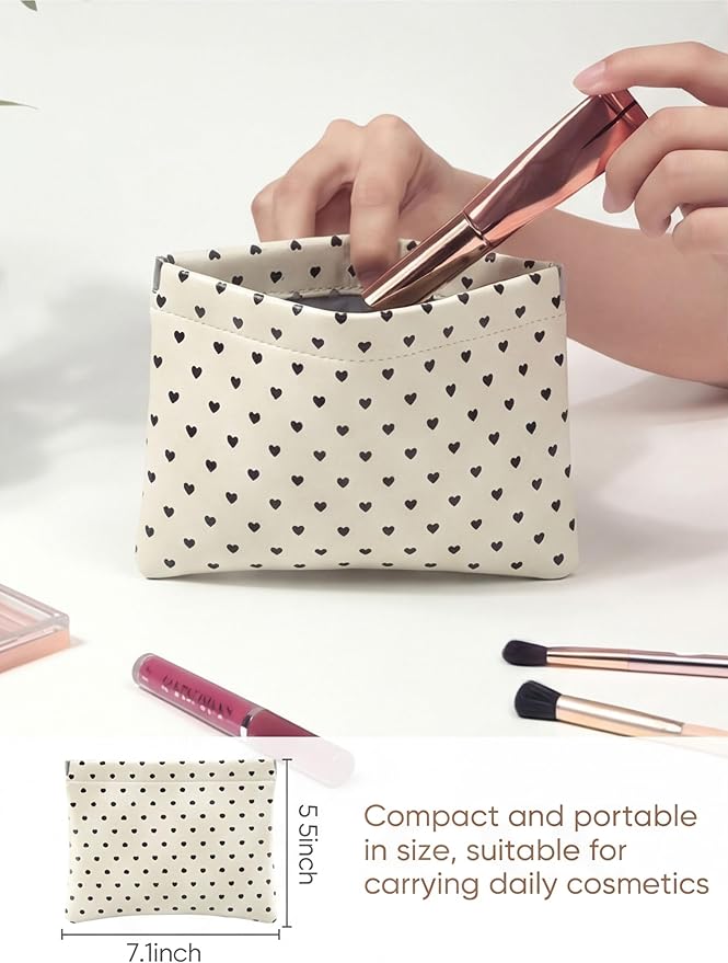 Ksriylm Hearts Leather Makeup Pouch Set for Women Small Make Up Bag for Purse Waterproof Initial Makeup Cosmetic Bags Pouches for Purse Aesthetic Travel Toiletry Bag,Heart White