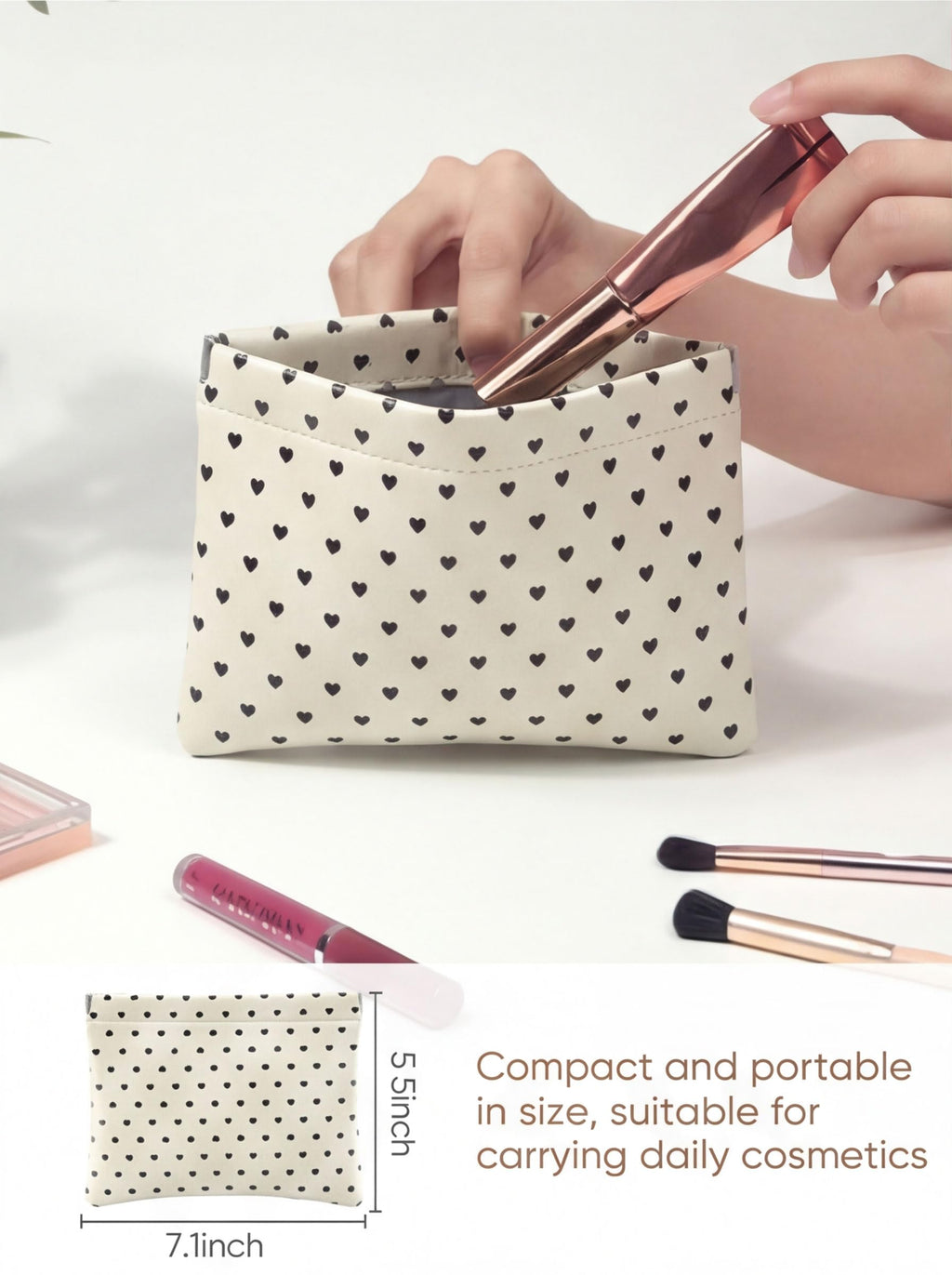 Ksriylm Hearts Leather Makeup Pouch Set for Women Small Make Up Bag for Purse Waterproof Initial Makeup Cosmetic Bags Pouches for Purse Aesthetic Travel Toiletry Bag,Heart White
