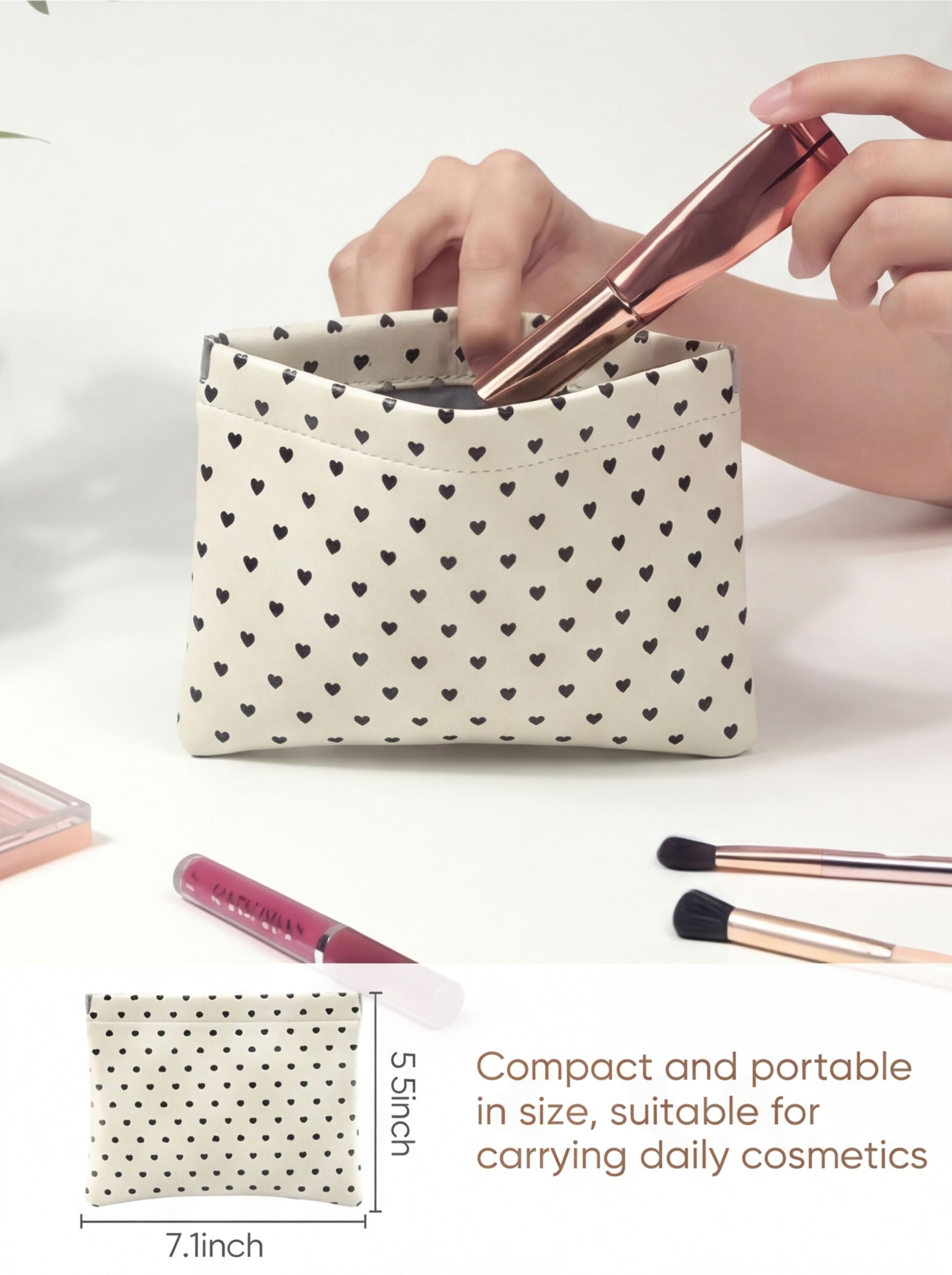 Ksriylm Hearts Leather Makeup Pouch Set for Women Small Make Up Bag for Purse Waterproof Initial Makeup Cosmetic Bags Pouches for Purse Aesthetic Travel Toiletry Bag,Heart White