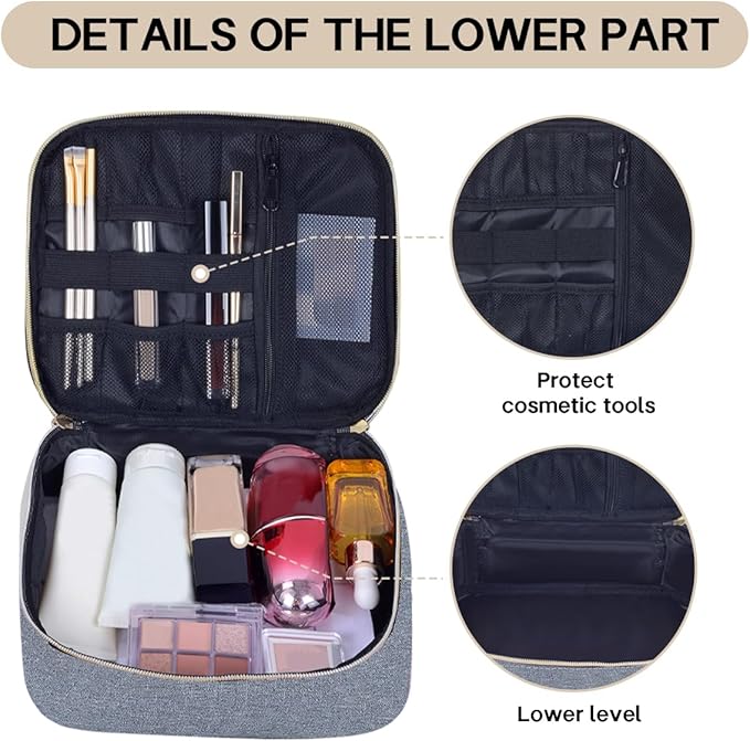 TANPADUAJI Double Layer Makeup Bag Portable Large Cosmetic Case Organizer with Adjustable Dividers Storage Travel Bag for Accessories Brushes Conditioner and Skin Care Products (Gray Gold)