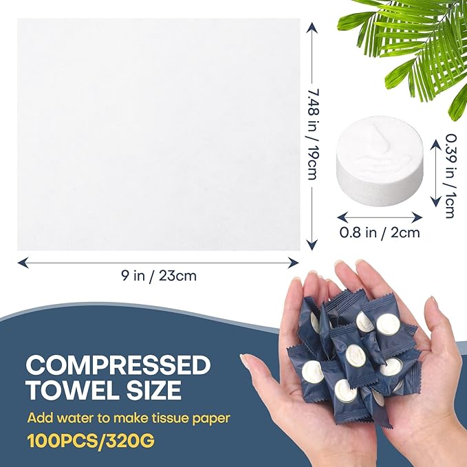 Fcaeon Disposable Face Towel 100 Count Compressed Towel Tablets Individually Wrapped 9×7.5 Inch Portable Washcloths Compact Cloths for Travel Hiking Camping Gym Fitness Outdoor Gear Hotel Stay (Blue)