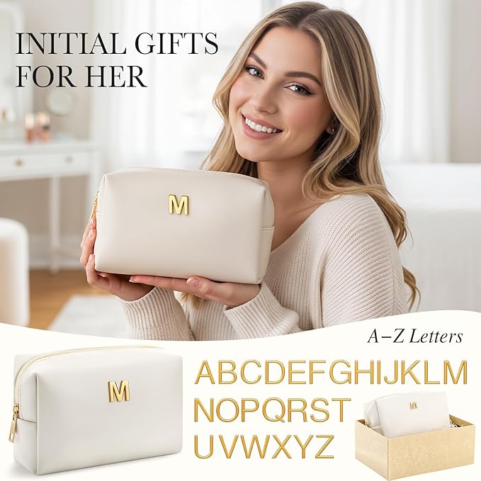 Kigeli Gifts for Women Teen Girls Gifts for Bridesmaid Mom Teachers Graduation Birthday Wedding Personalized Initial Makeup Bag Beige PU Leather Monogram Cosmetic Waterproof Travel Toiletry Bag(M)