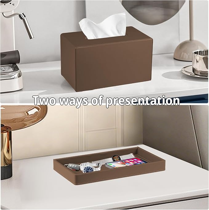 PU Leather Tissue Box Cover Rectangle with Detachable Storage Tray,Fits 230-Count Box Tall Rectangular,Modern Decorative Tissue Box Holder/Organizer for Bathroom,Bedroom Dresser,Night Stand