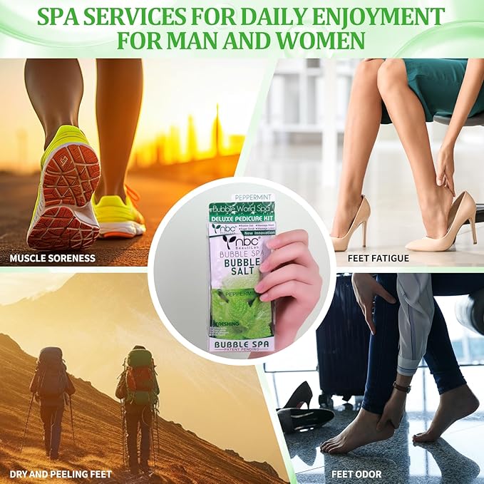 nbc BeautiLab Pedicure Kit Foot Soak Set: Bubble Salt, Sugar Scrub, Massage Mask, Massage Lotion in a Box, 4 Step Foot Spa Kit for Dry Feet, Calluses and Tired Feet（3 Set Peppermint）