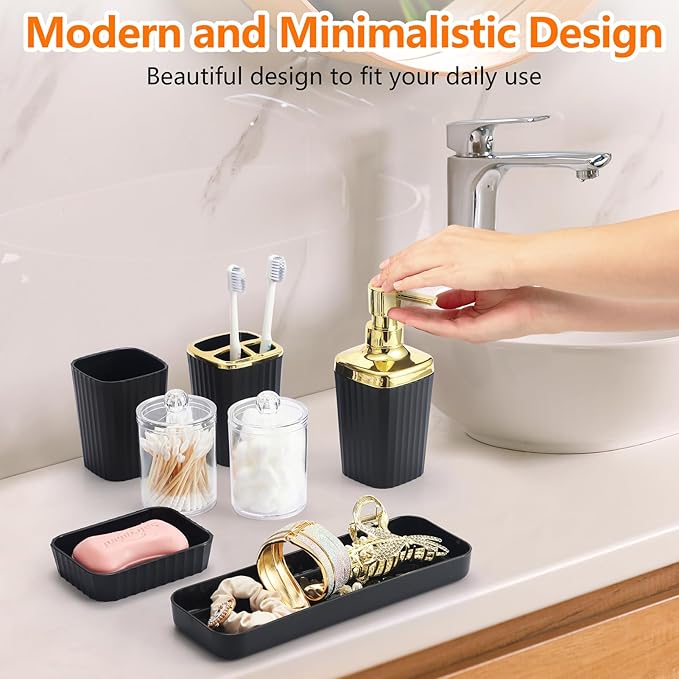 Bathroom Accessory Set,9 Pieces Black Bathroom Accessory Set with Toothbrush Holder, Trash Can, Lotion Soap Dispenser, Toothbrush Cup, Vanity Tray, Soap Dish, Toilet Brush, Qtip Holder