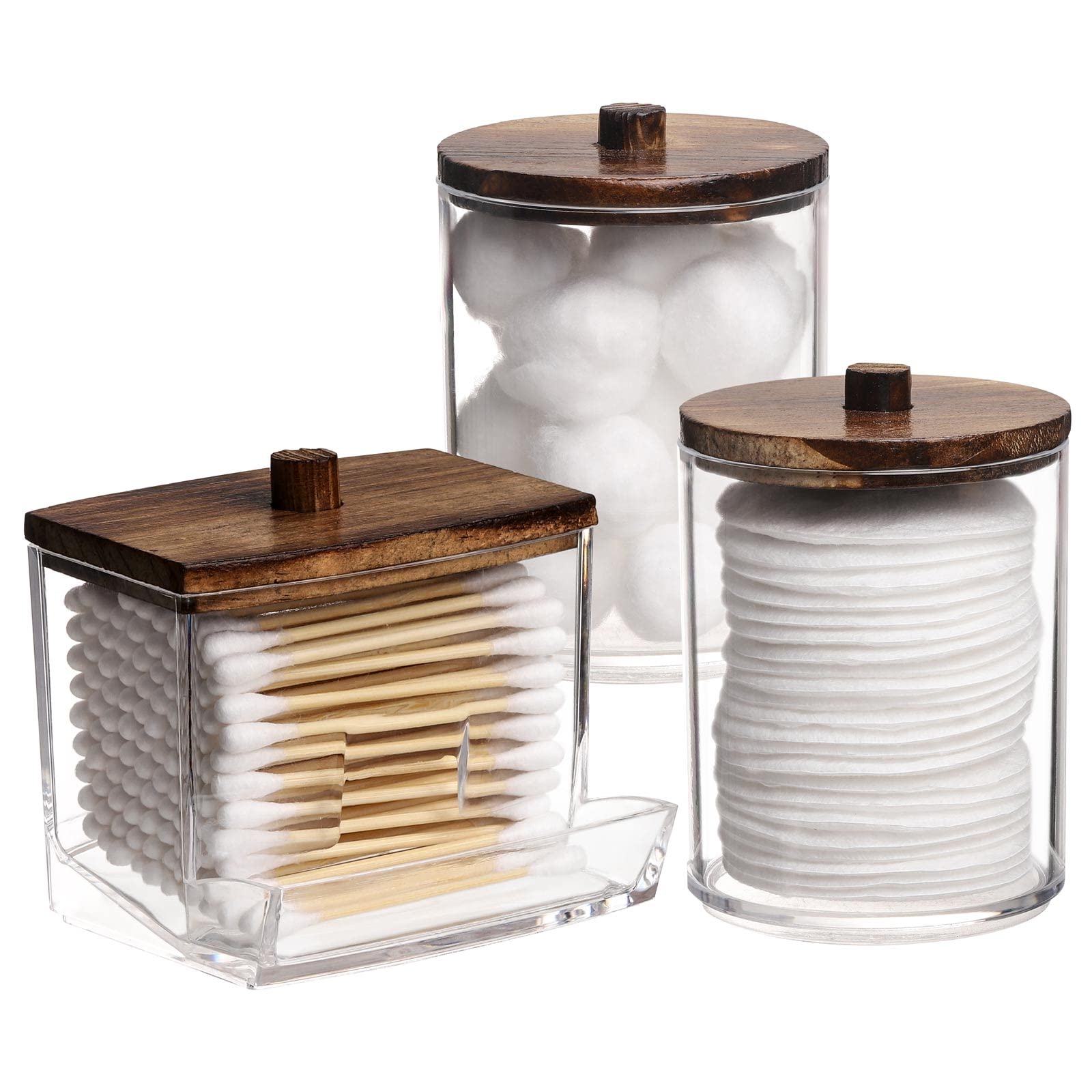 Tbestmax 3 Pack Qtips Holder Bathroom Container, 10 oz Cotton Ball/Swabs Dispenser, Apothecary Jar Organizer for Storage Brown Wood Lids