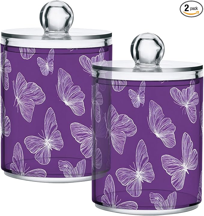 2 Pack Purple Butterflies Apothecary Jars with Lid, 12 Oz Clear Plastic Apothecary Jar Set Qtip Holder Storage Containers for Cotton Ball Swabs Bathroom Vanity