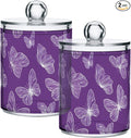 2 Pack Purple Butterflies Apothecary Jars with Lid, 12 Oz Clear Plastic Apothecary Jar Set Qtip Holder Storage Containers for Cotton Ball Swabs Bathroom Vanity