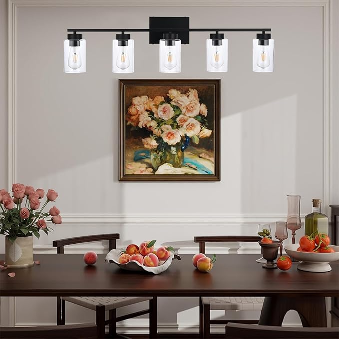 A1A9 5 Light Bathroom Vanity Light Fixtures, Matte Black Modern Wall Lights with Clear Glass Shade, Vintage Wall Sconce Lighting for Living Room, Mirror, Bedroom, Hallway (Black, 5-Lights)