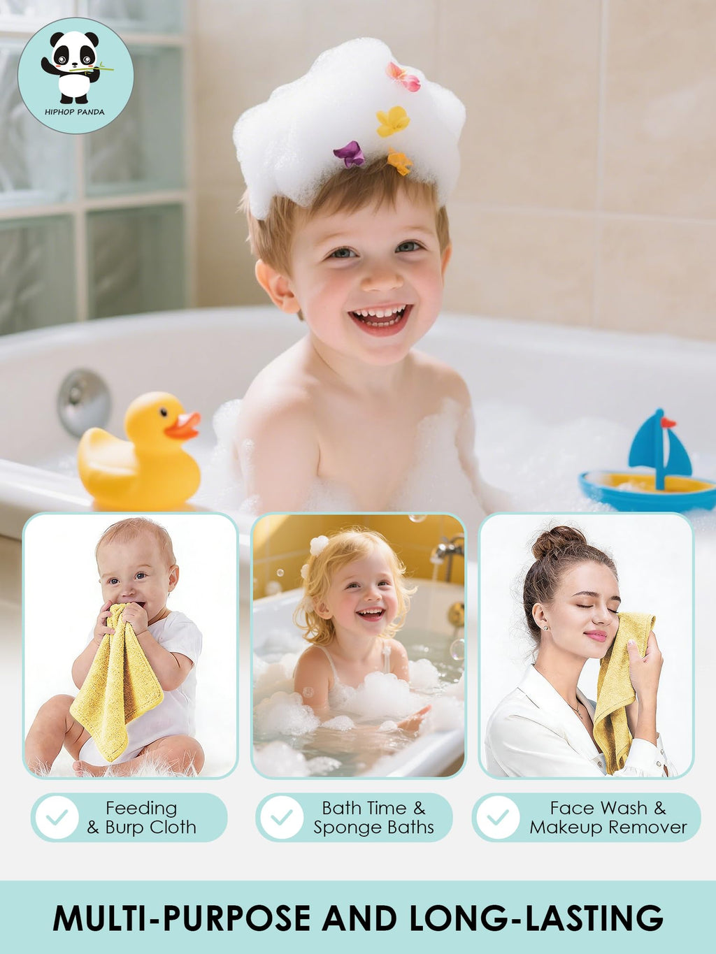 HIPHOP PANDA Ultra Soft Baby Washcloths, 2-Layer Absorbent Wash Cloths