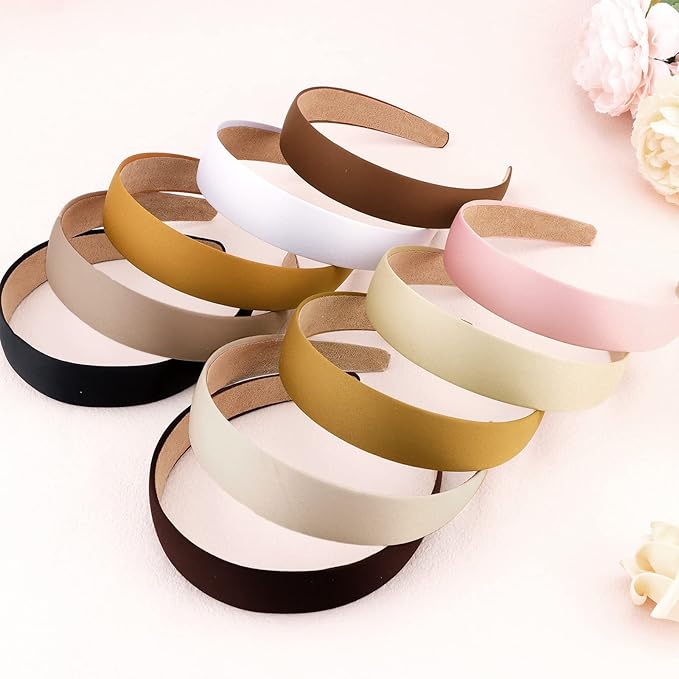 Wecoe Satin Headbands for Women and Girls - 10 Pack 1.3 Inch Wide Non-Slip Fashion Headbands in Neutral Colors, DIY Holiday Hair Accessories