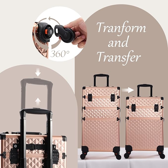 Adazzo 3 in 1 Professional Rolling Makeup Train Case Aluminum Trolley Case with 360° Rotation Wheels for Makuep Artist Cosmetic Suitcase Organizer with Lock and Key Diamond Pattern - Rose Gold
