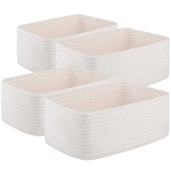 OIASKET 4 Pack Small Storage Shelf Baskets for Organizing, Mini Woven Rope Storage Bins for Towels, Cute Decorative Closet Organizer，Baby Nursery, Gift Empty Baskets -11.81''Lx7.87''Wx4.72''H-White