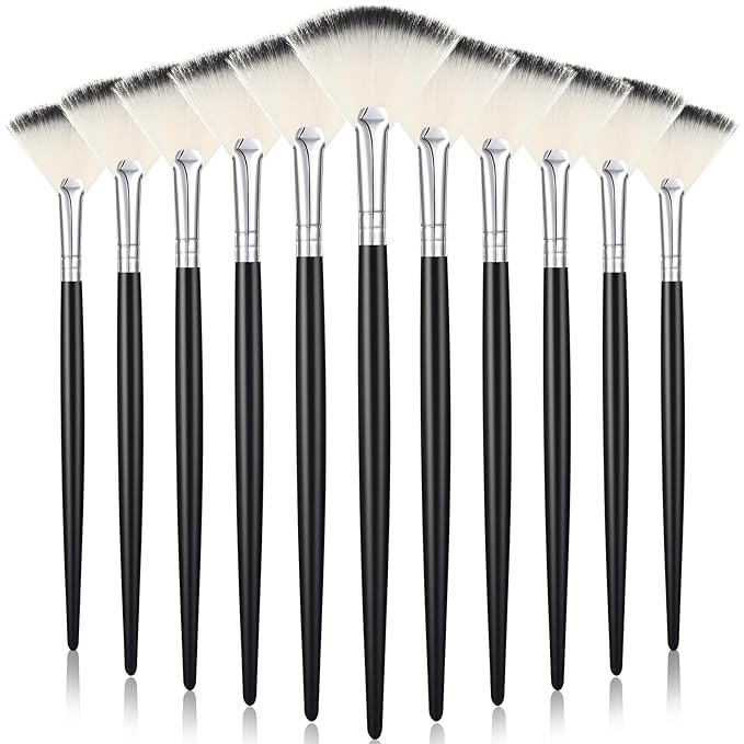 Ziliny 12 Pcs Soft Facial Fan Brush Blush Makeup Brush Face Mask Acid Applicator Multi Use Cosmetic Tools for Peel Mask Makeup for Mud Cream(Black Silver)