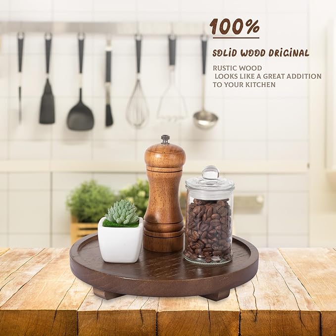 Round Decorative Tray Farmhouse Kitchen Decor Soap Dish, 9" Walnut