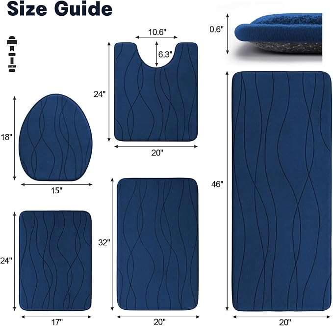 YIHOUSE Bathroom Rugs Set 5 Piece, Memory Foam Bath Mat Navy Blue