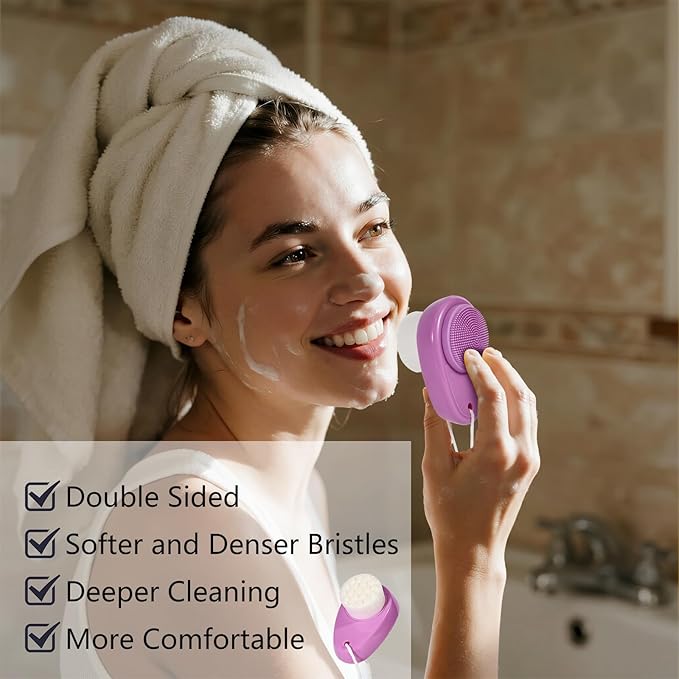 Facial Cleansing Brush 2 Pack, 2 in 1 Silicone Face Scrubber for Men Exfoliating Pore Deep Cleansing, Dual Sided Face Wash Brush with Soft Bamboo Charcoal Microfiber and Lid for Women, Purple