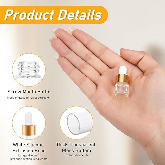 COTOM 20 Pack Mini Dropper Bottle for Cuticle Oil, 1ml Small Sample Essential Oil Dropper Bottles for Travel, Clear Empty Vails for Cosmetic Perfume
