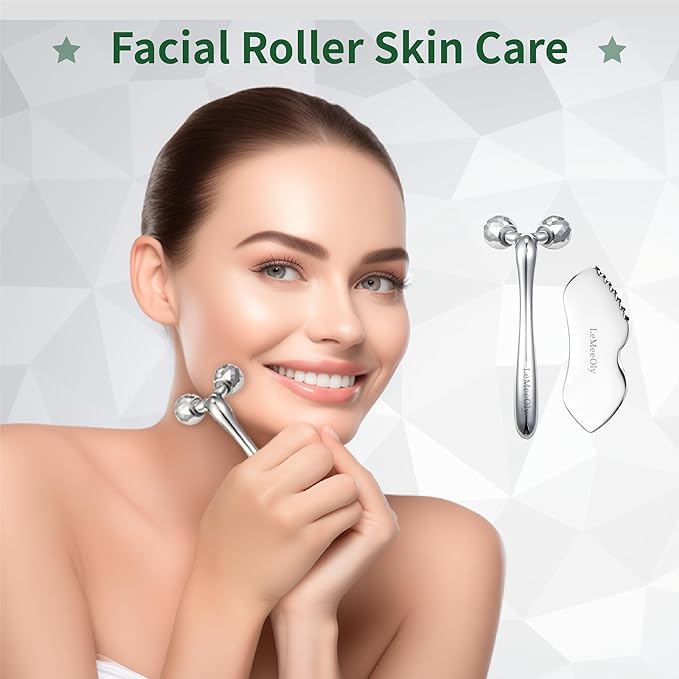 LeMeeOly Stainless Steel Gua Sha Facial Tools Metal GuaSha Tool for Face Neck, Detailer Gua Sha Lymphatic Drainage Reduce Wrinkles Face Massage Tool, Gift for Women (Guasha & Face Roller)