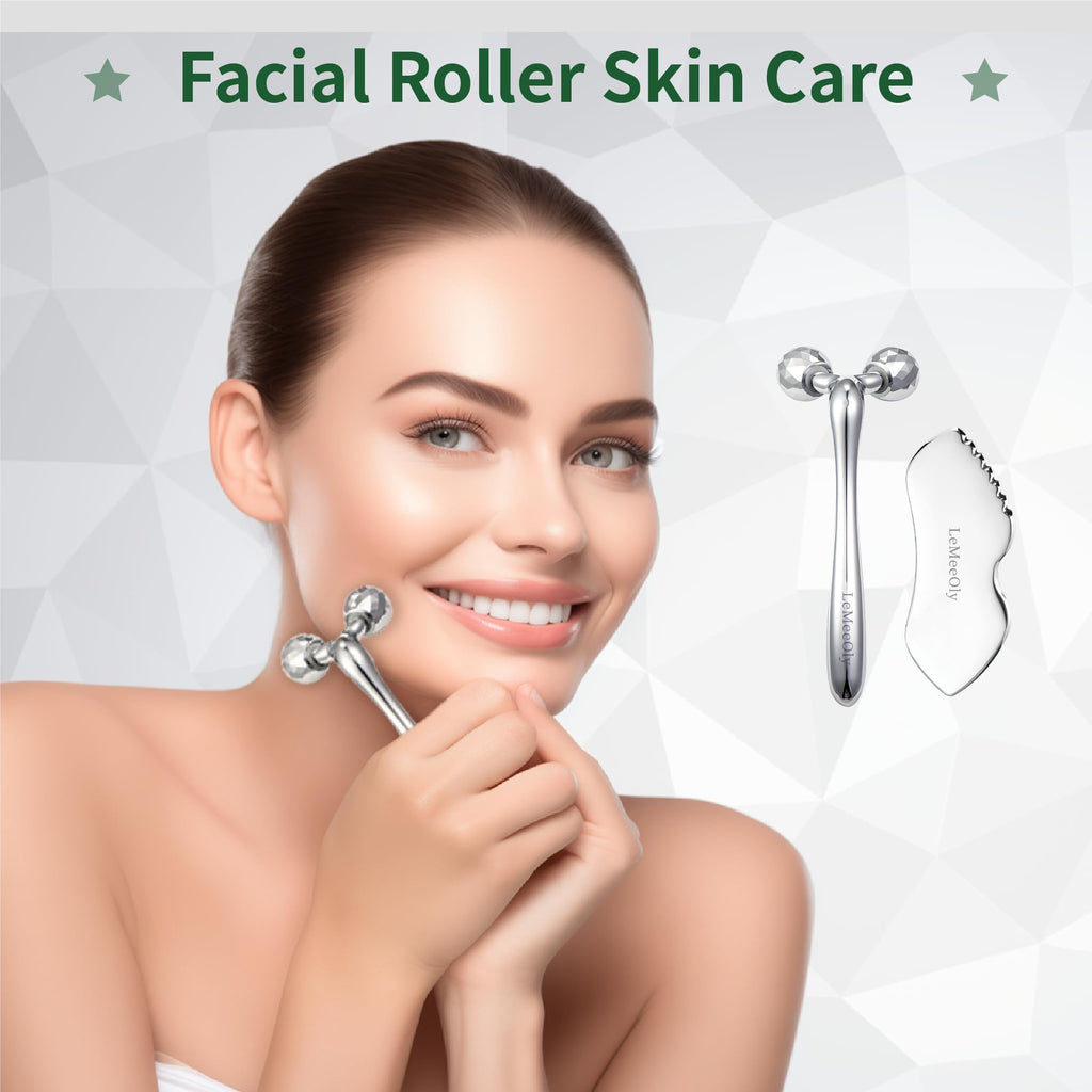 LeMeeOly Stainless Steel Gua Sha Facial Tools Metal GuaSha Tool for Face Neck, Detailer Gua Sha Lymphatic Drainage Reduce Wrinkles Face Massage Tool, Gift for Women (Guasha & Face Roller)
