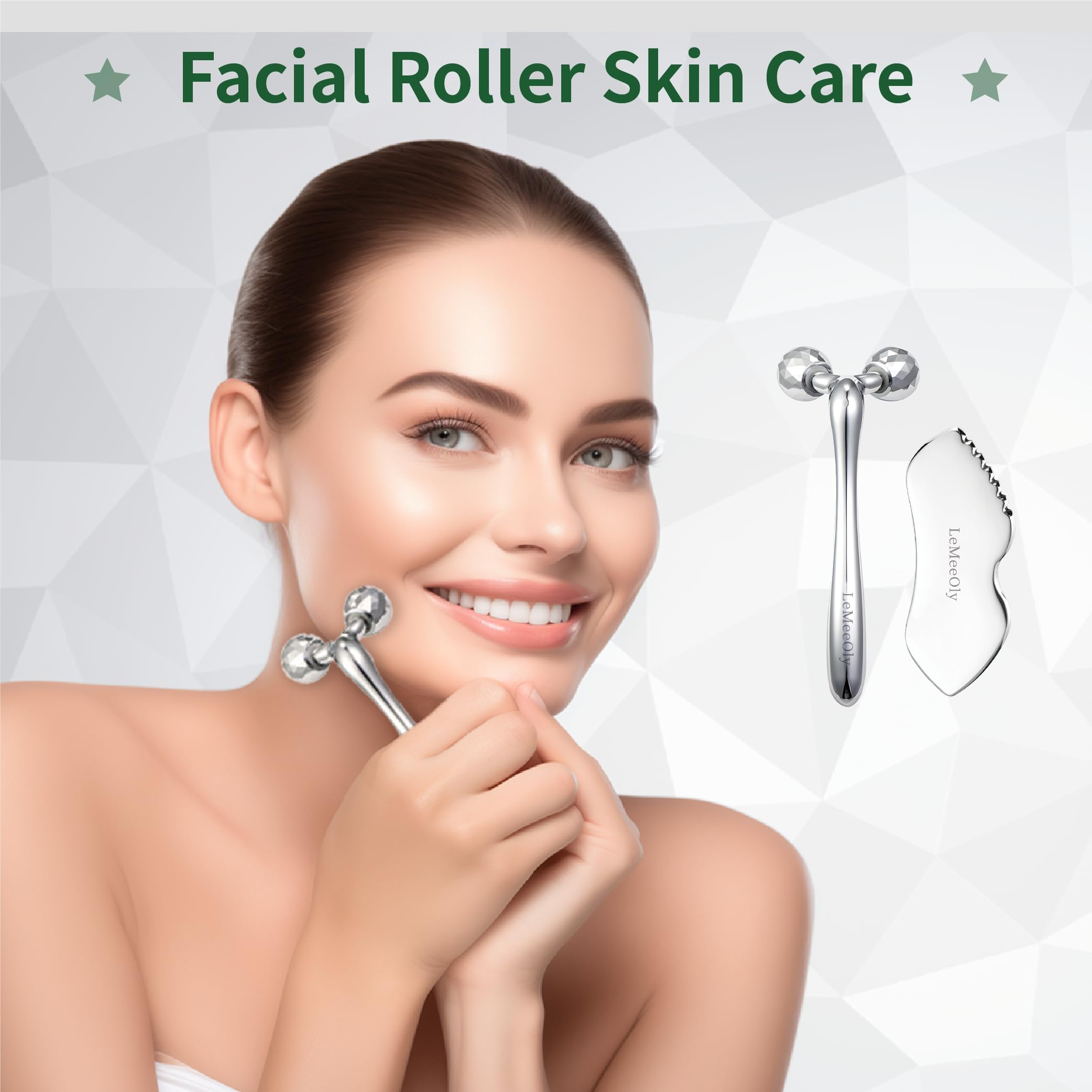 LeMeeOly Stainless Steel Gua Sha Facial Tools Metal GuaSha Tool for Face Neck, Detailer Gua Sha Lymphatic Drainage Reduce Wrinkles Face Massage Tool, Gift for Women (Guasha & Face Roller)