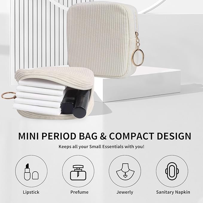 Teircno Sanitary Napkin Storage Bag, Preppy Corduroy Period Bag for Women, Cute Portable Period Pouch with Zipper, Sanitary Pads Bag Tampons Holder for Purse, First Period for Women Ladies
