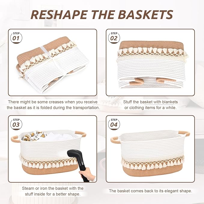 2 Pack Storage Basket for Shelves, Boho Cotton Rope Storage Bins with Heavy Tassel, Shelf Baskets Large Woven Baskets for Organizing, Cube Organizer Bins, Baby Laundry Basket for Clothes, Toys, Pets