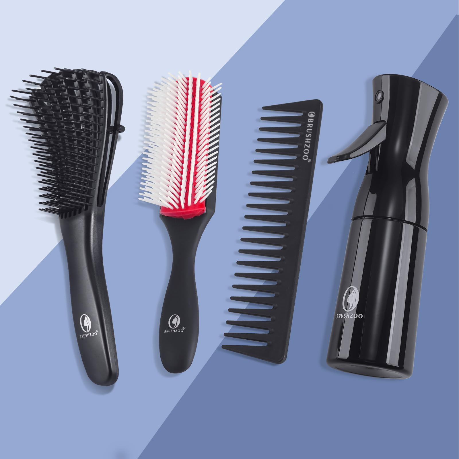 BRUSHZOO Detangler Brush with Hair Spray bottle 9 Row Brush Wide Tooth comb, Hair Brushes for Women men and Kids Curly Natural 3/4abc Hair (Red)